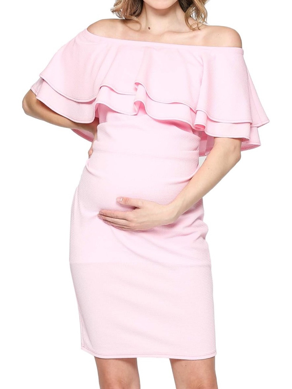 Off-Shoulder Ruffle Maternity Dress - Pink